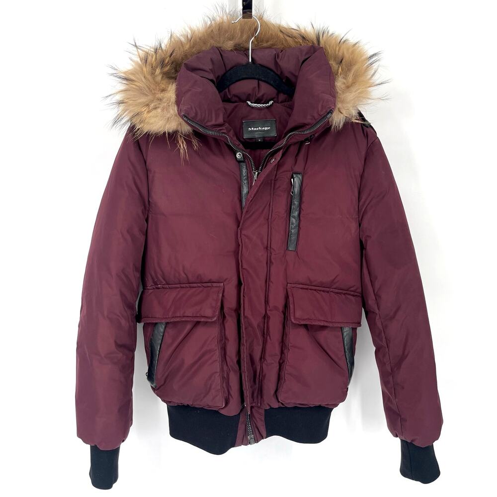 Mackage Burgundy Diego Down Bomber Jacket with Fur Trim Hood size 36 Small